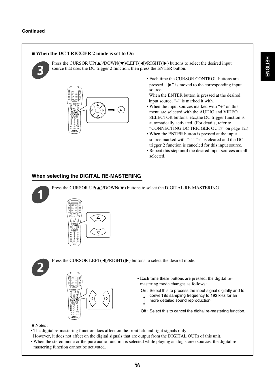 English, When selecting the digital re-mastering, When the dc trigger 2 mode is set to on | Continued | Sherwood R-965 User Manual | Page 56 / 67