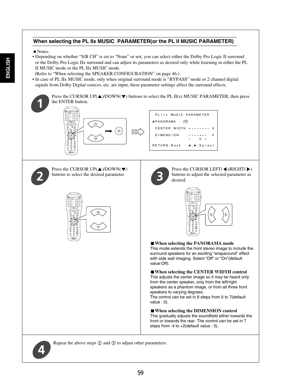 English, When selecting the panorama mode, When selecting the center width control | When selecting the dimension control | Sherwood R-965 User Manual | Page 59 / 67