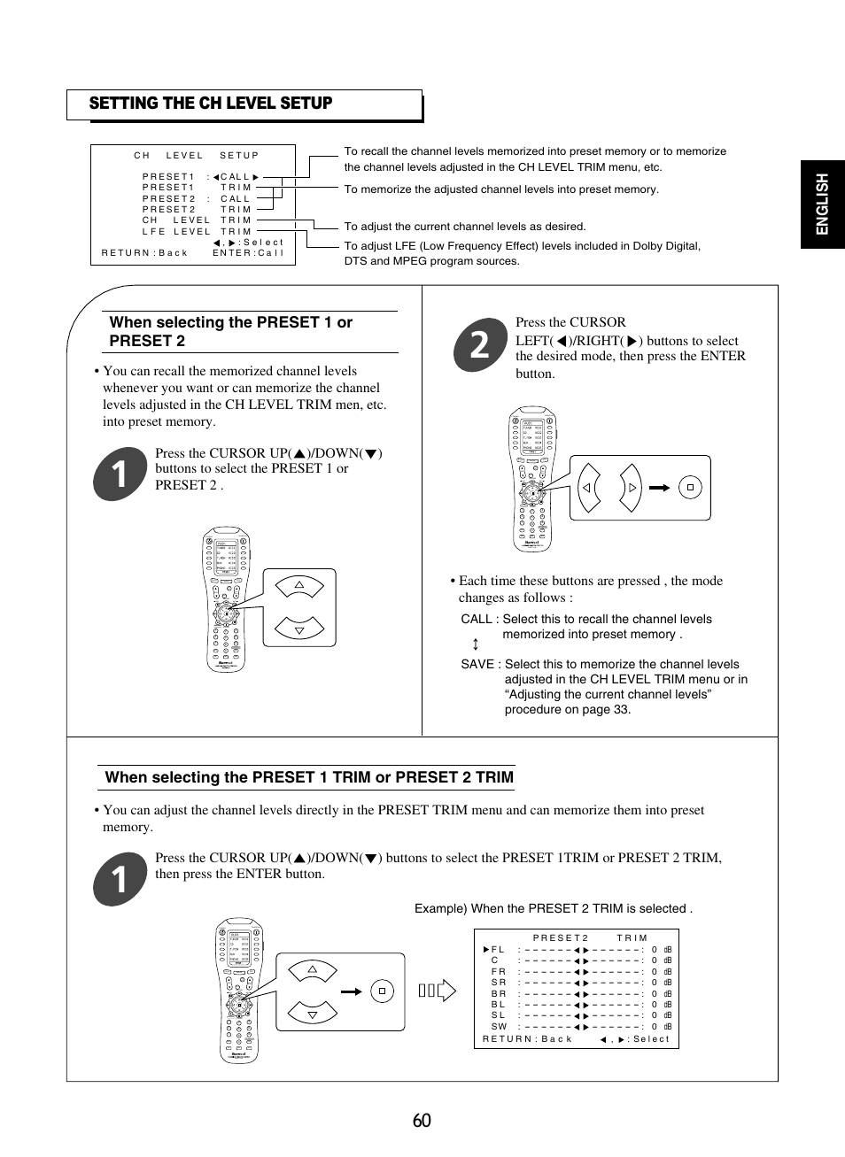 Setting the ch level setup, English, When selecting the preset 1 or preset 2 | When selecting the preset 1 trim or preset 2 trim, Standby power on, Mute ch. set, Return disp, Osd/menu, Stereo ch/ adjust, Dsp decode dsp standby power on | Sherwood R-965 User Manual | Page 60 / 67