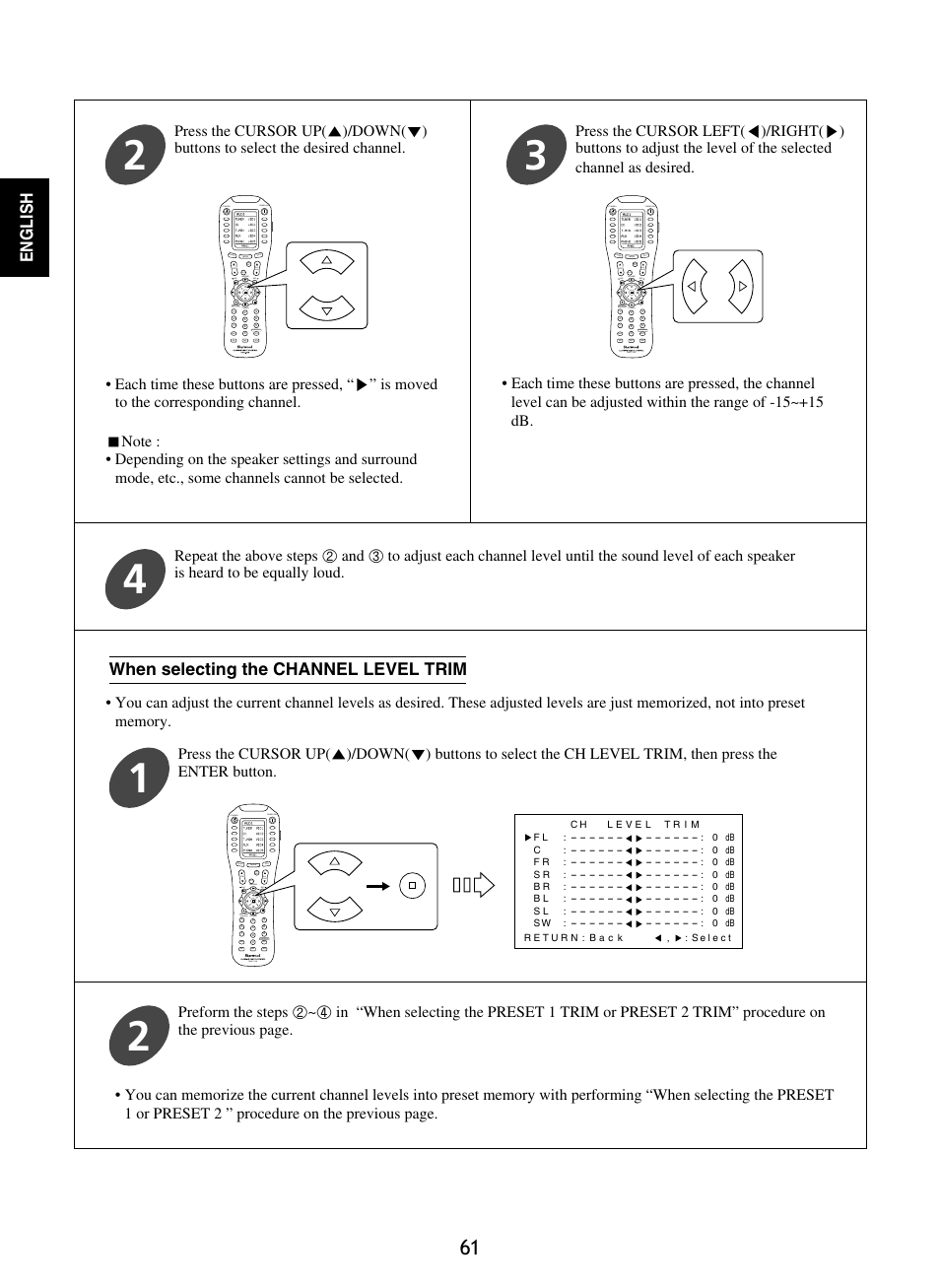 English, When selecting the channel level trim | Sherwood R-965 User Manual | Page 61 / 67