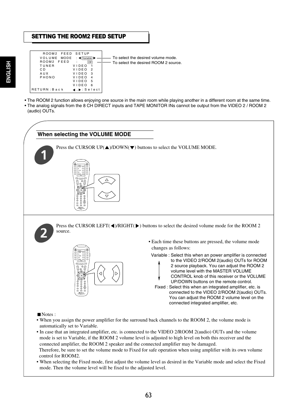 Setting the room2 feed setup, English, When selecting the volume mode | Sherwood R-965 User Manual | Page 63 / 67