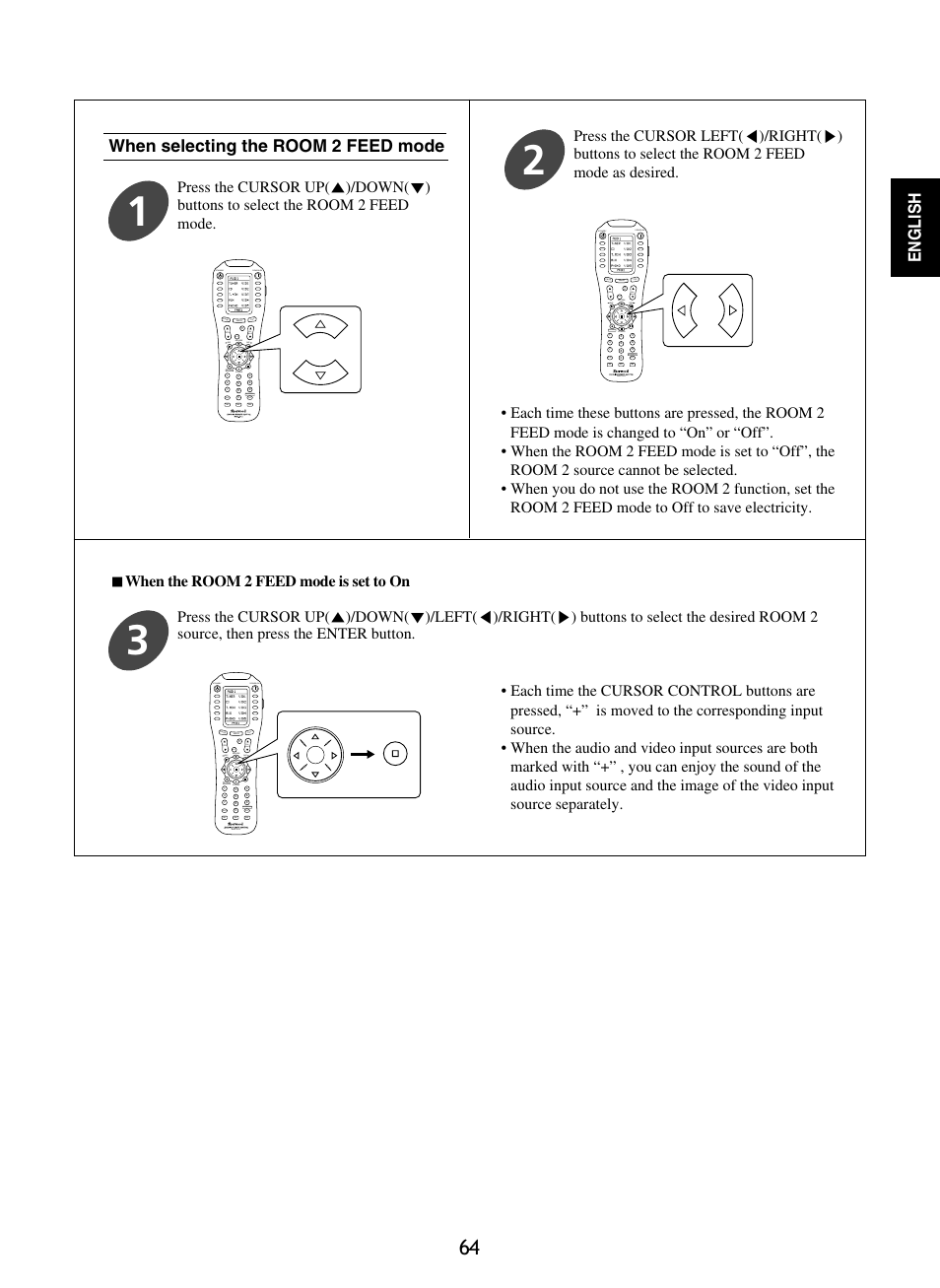 English, When selecting the room 2 feed mode, When the room 2 feed mode is set to on | Standby power on, Mute ch. set, Return disp, Osd/menu, Stereo ch/ adjust, Dsp decode dsp standby power on, Dsp decode dsp rnc-510 | Sherwood R-965 User Manual | Page 64 / 67