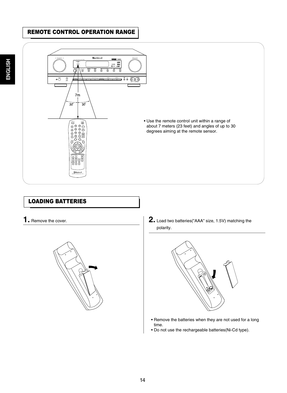 Loading batteries remote control operation range, English 14, Tone sound parameter | Search mode, Remove the cover | Sherwood RD-7502 User Manual | Page 14 / 56