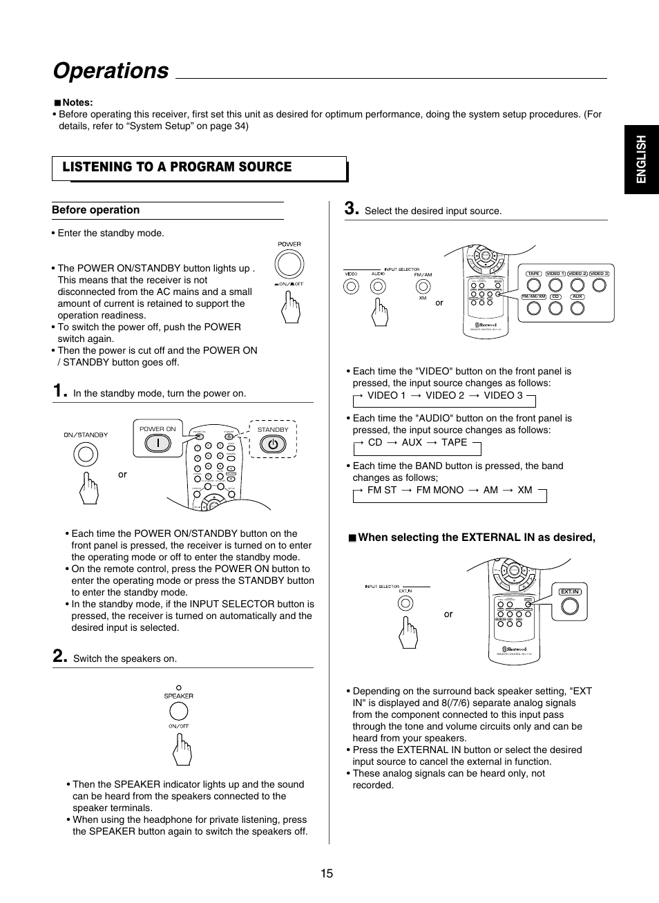 Operations, Listening to a program source, English | Before operation, When selecting the external in as desired, Switch the speakers on | Sherwood RD-7502 User Manual | Page 15 / 56