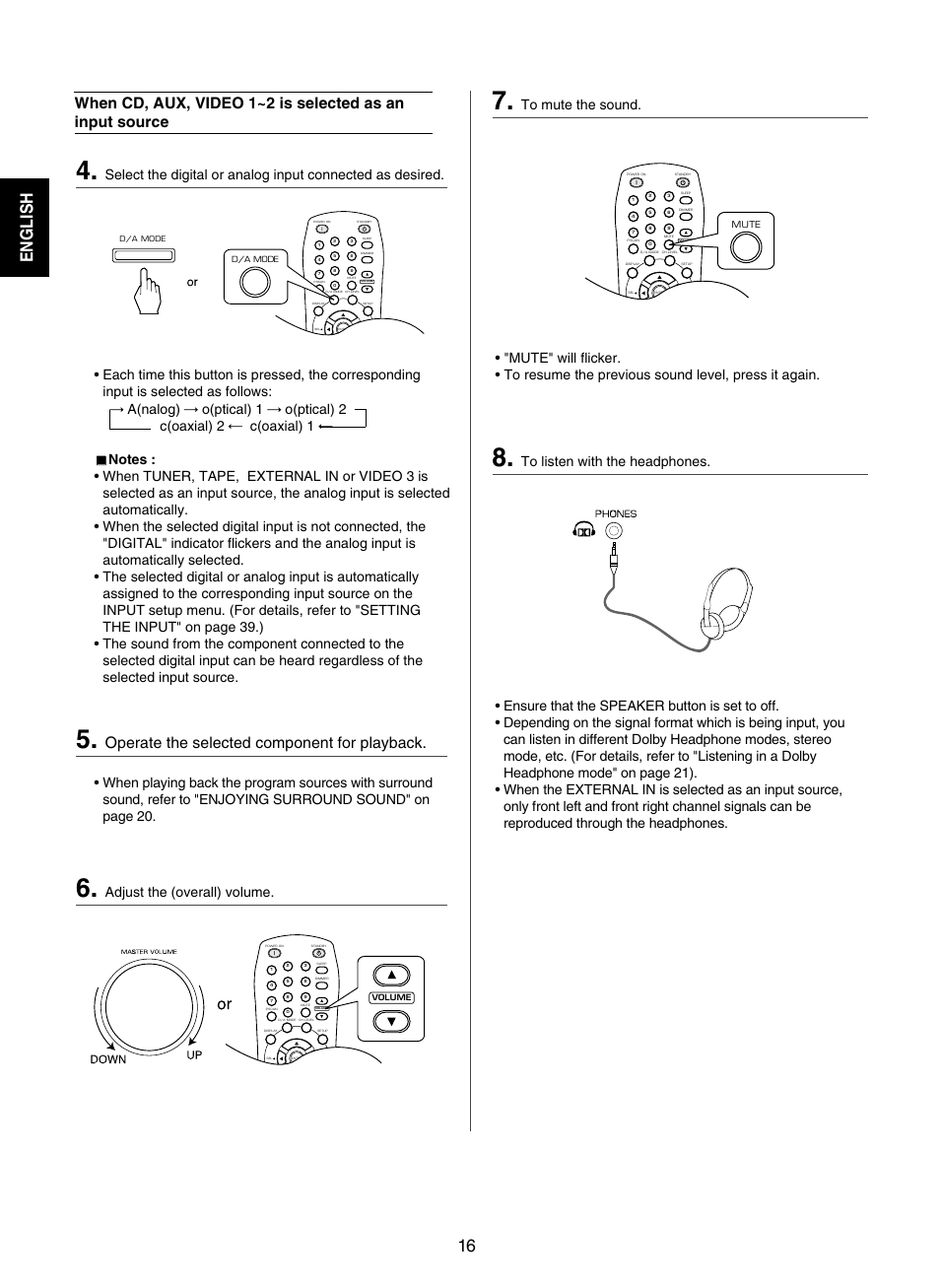 English 16, Operate the selected component for playback, Adjust the (overall) volume | Sherwood RD-7502 User Manual | Page 16 / 56