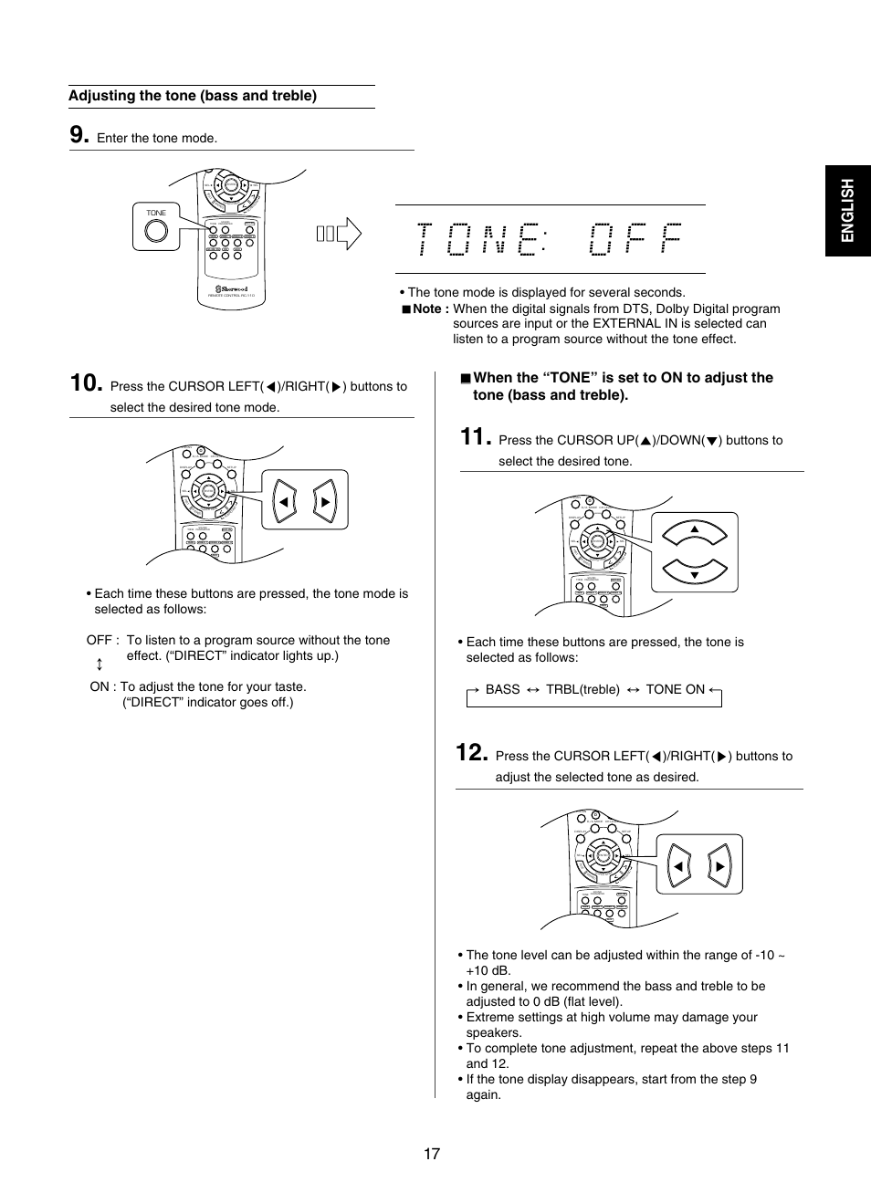 English, Adjusting the tone (bass and treble), Enter the tone mode | Sherwood RD-7502 User Manual | Page 17 / 56