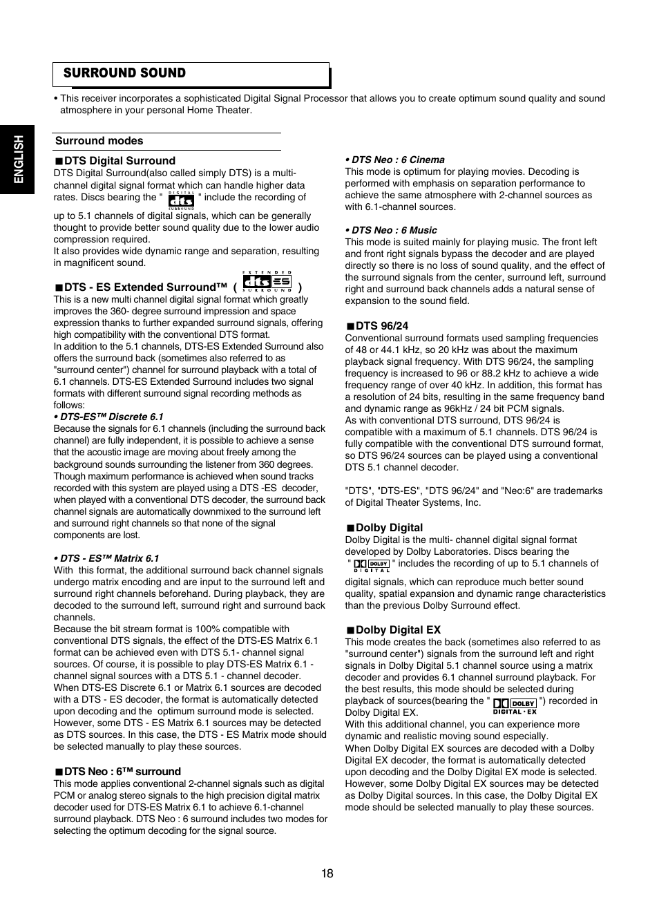 Surround sound | Sherwood RD-7502 User Manual | Page 18 / 56