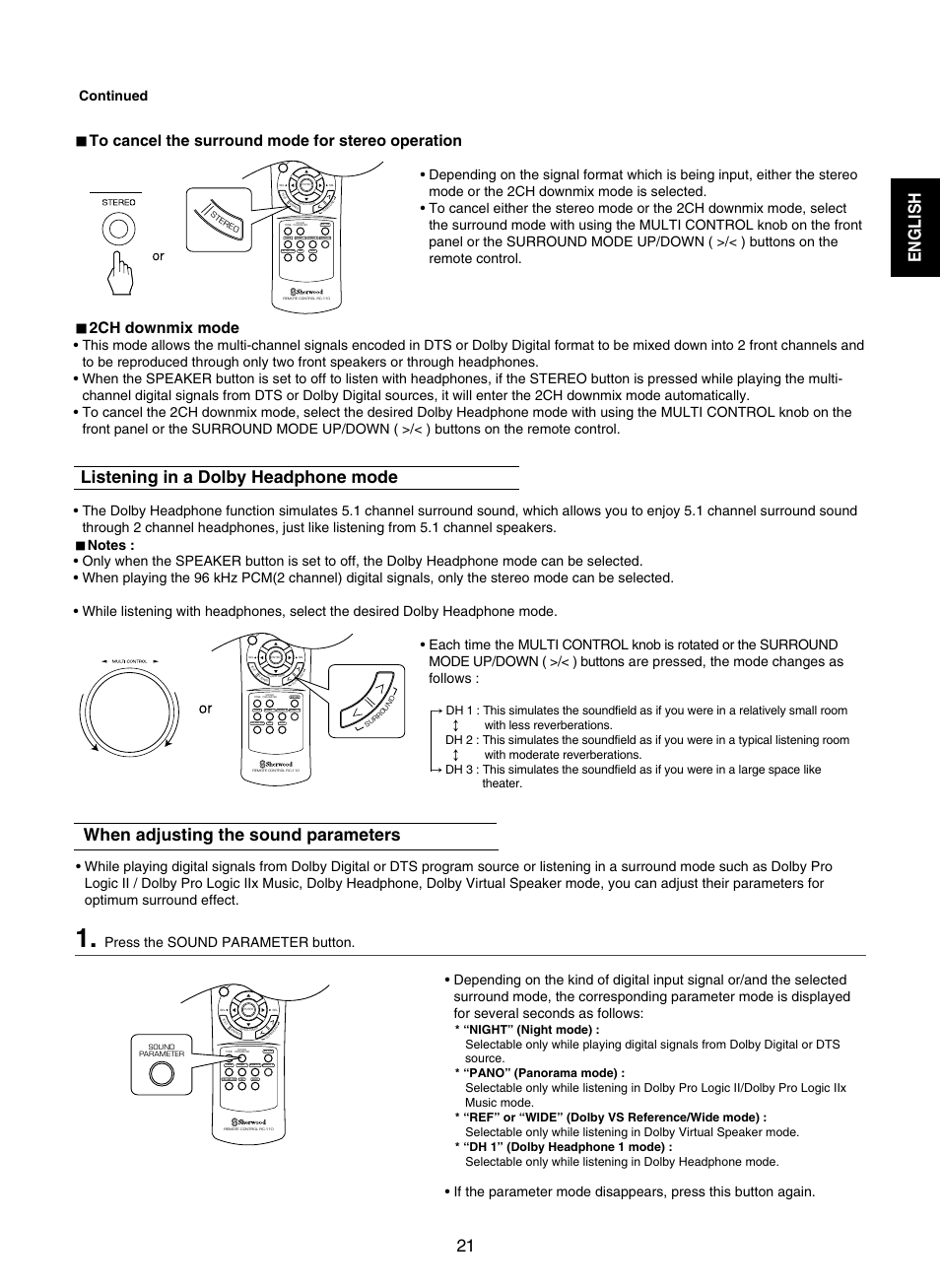 Listening in a dolby headphone mode, When adjusting the sound parameters, English | 2ch downmix mode, Press the sound parameter button | Sherwood RD-7502 User Manual | Page 21 / 56