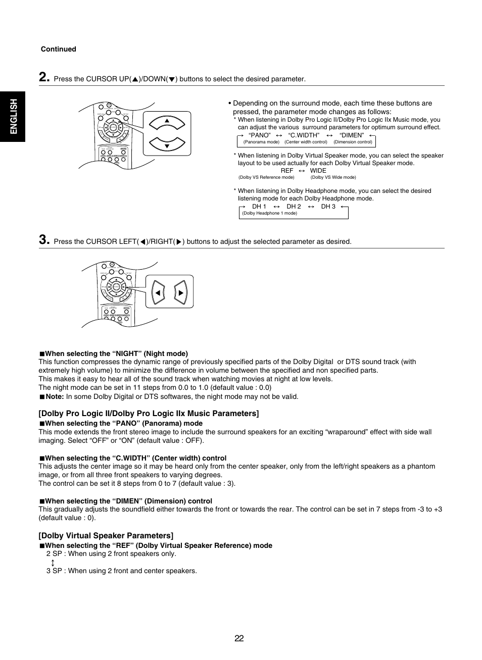 English 22, Dolby virtual speaker parameters | Sherwood RD-7502 User Manual | Page 22 / 56