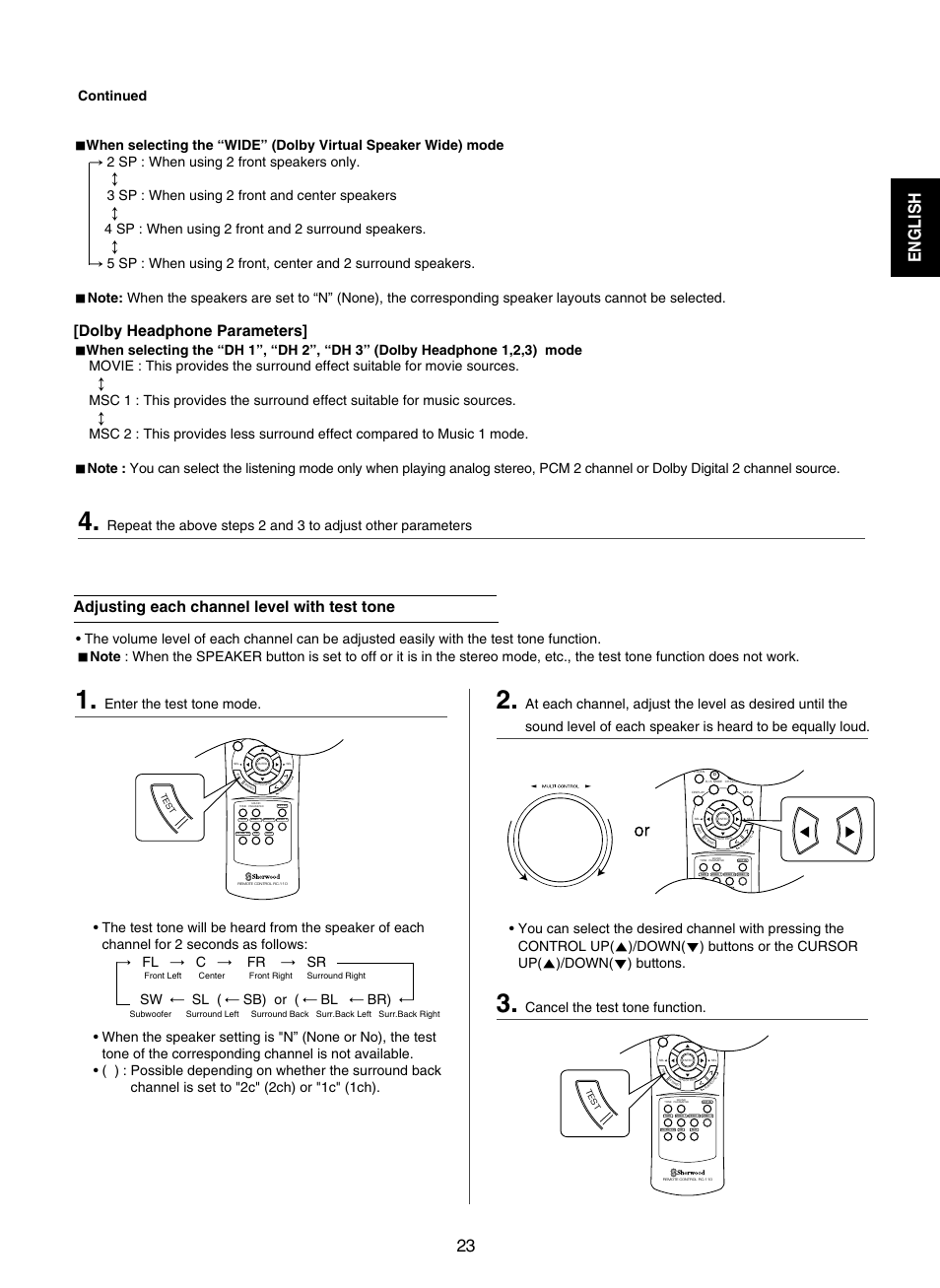 English, Adjusting each channel level with test tone, Dolby headphone parameters | Sw sl ( sb) or ( bl br), Enter the test tone mode | Sherwood RD-7502 User Manual | Page 23 / 56