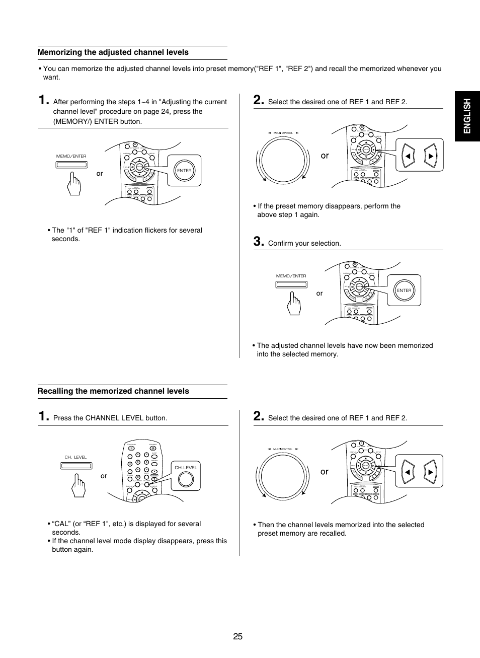English, Select the desired one of ref 1 and ref 2, Press the channel level button | Enter, Ch.level | Sherwood RD-7502 User Manual | Page 25 / 56