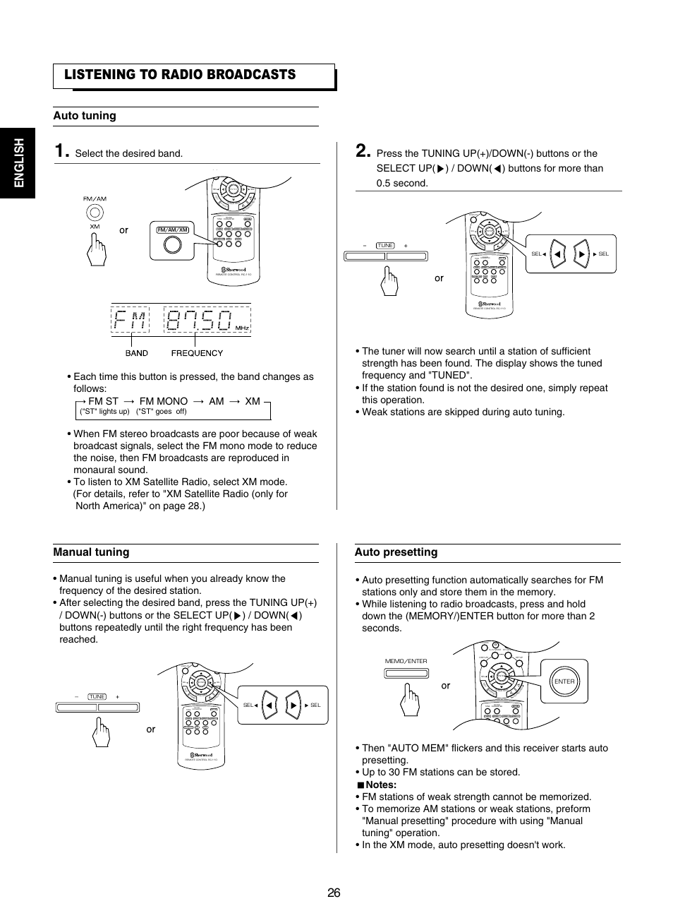 Listening to radio broadcasts, English, Auto tuning | Manual tuning auto presetting, Select the desired band, St" lights up) ("st" goes off) | Sherwood RD-7502 User Manual | Page 26 / 56