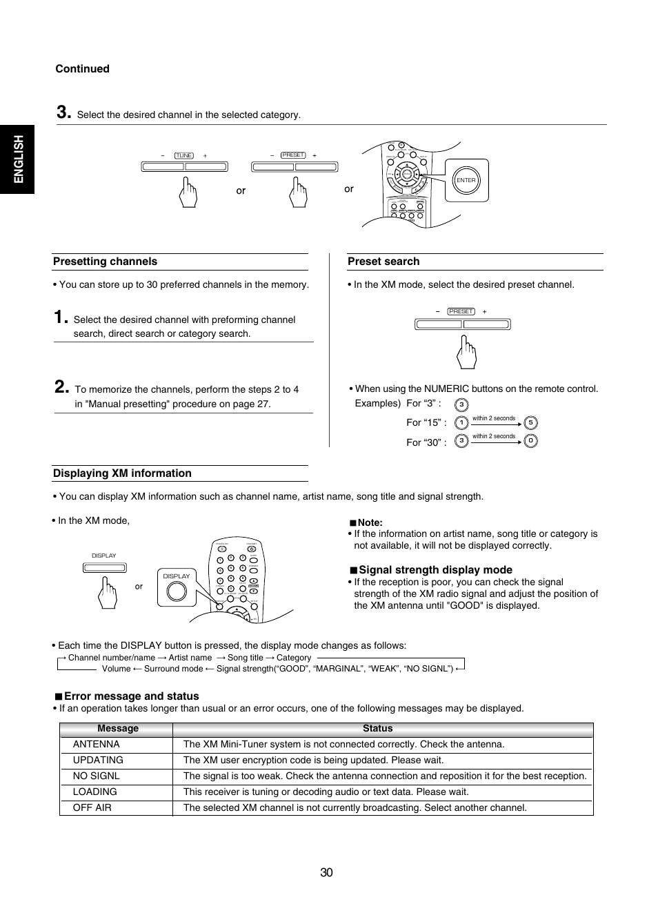 English 30, Presetting channels, Preset search | Signal strength display mode, Displaying xm information, Error message and status, Continued | Sherwood RD-7502 User Manual | Page 30 / 56