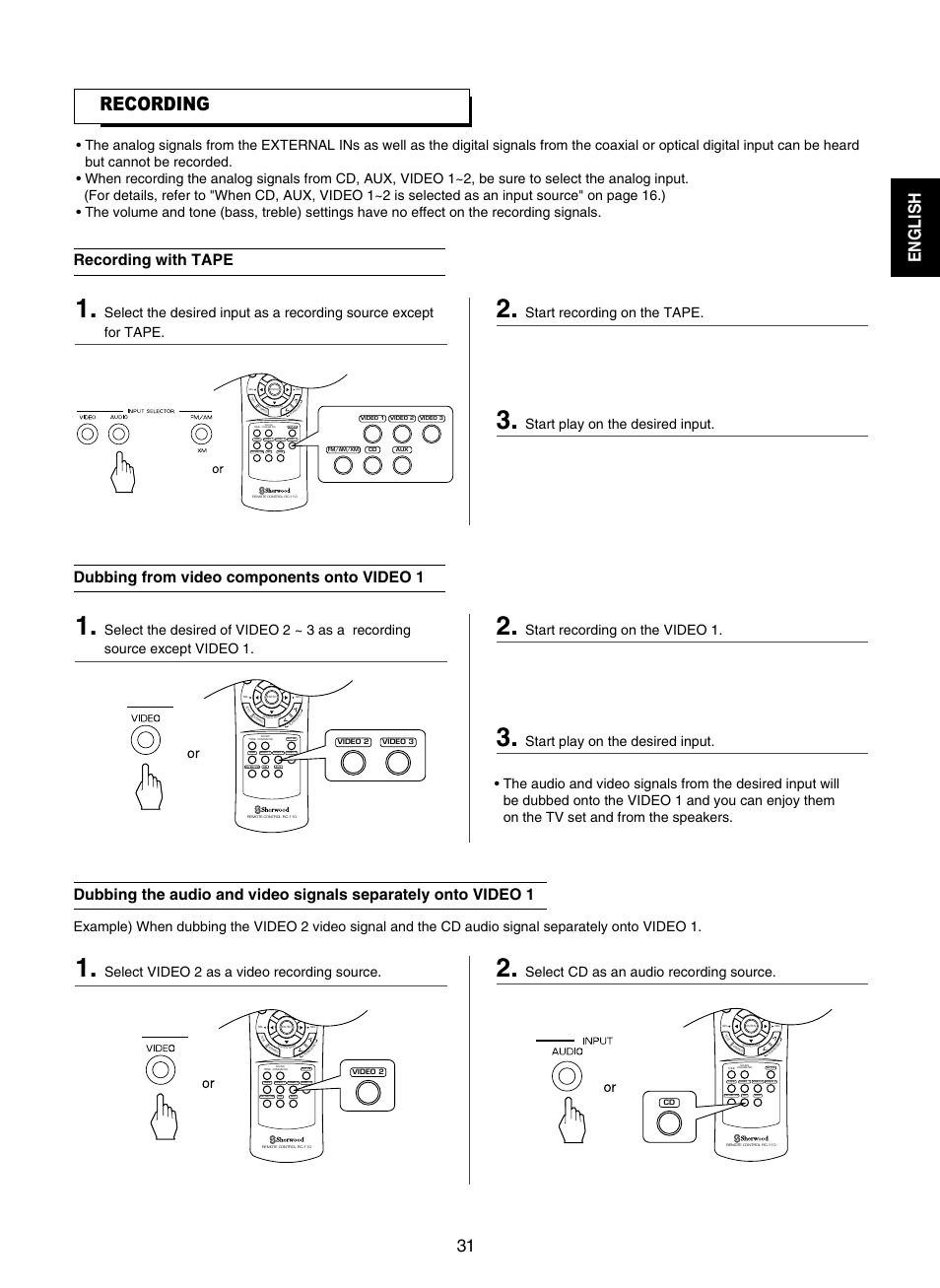 Recording, English, Recording with tape | Dubbing from video components onto video 1, Start recording on the tape, Start play on the desired input, Start recording on the video 1, Select video 2 as a video recording source, Select cd as an audio recording source | Sherwood RD-7502 User Manual | Page 31 / 56