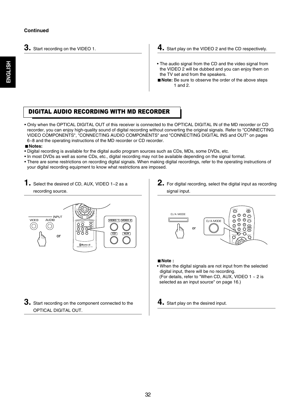 Digital audio recording with md recorder, English 32, Continued | Start recording on the video 1, Start play on the video 2 and the cd respectively | Sherwood RD-7502 User Manual | Page 32 / 56