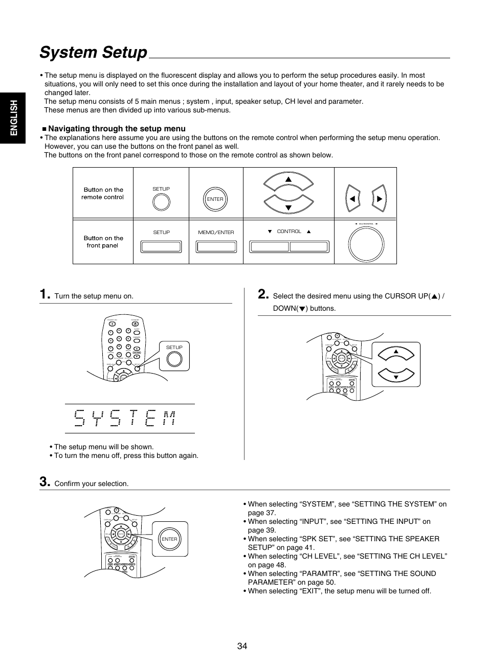 System setup, English 34, Navigating through the setup menu | Turn the setup menu on, Confirm your selection | Sherwood RD-7502 User Manual | Page 34 / 56