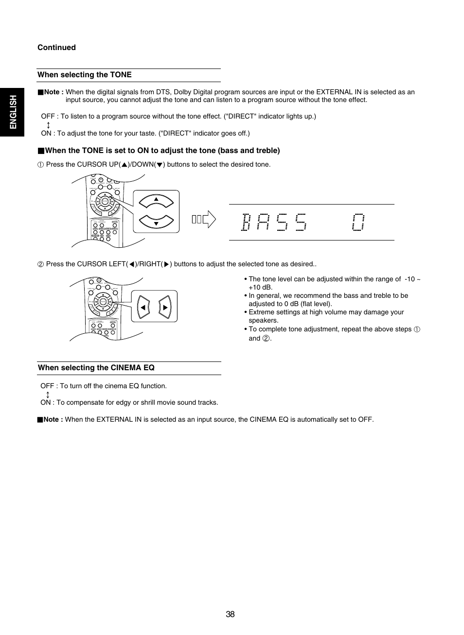 English 38, When selecting the tone, When selecting the cinema eq continued | Sherwood RD-7502 User Manual | Page 38 / 56