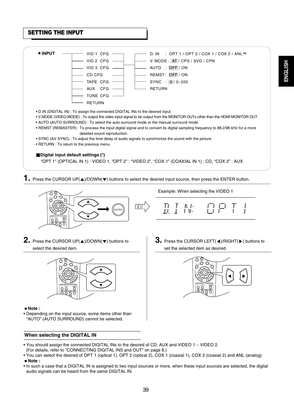 Setting the input, English, When selecting the digital in | Input | Sherwood RD-7502 User Manual | Page 39 / 56