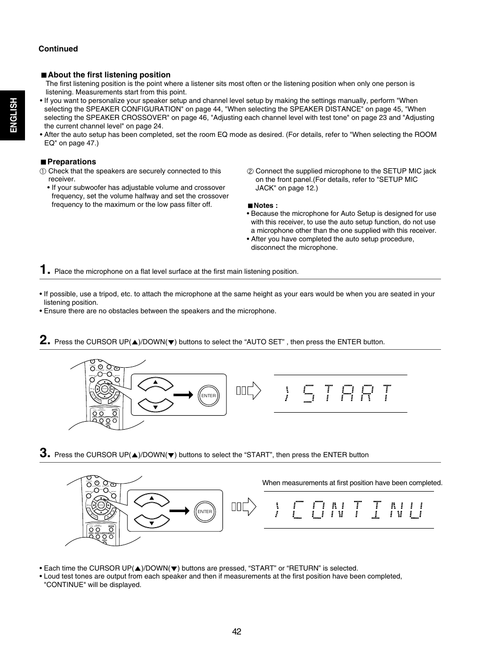 English 42, Continued preparations, About the first listening position | Sherwood RD-7502 User Manual | Page 42 / 56