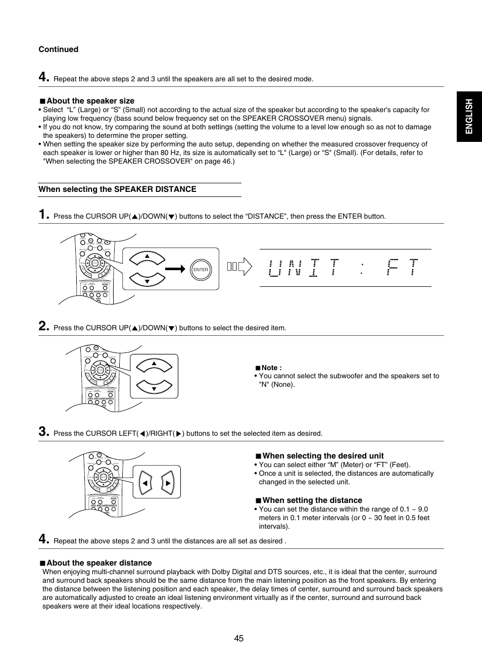 English, Continued about the speaker size, When selecting the desired unit | When setting the distance, When selecting the speaker distance, About the speaker distance | Sherwood RD-7502 User Manual | Page 45 / 56