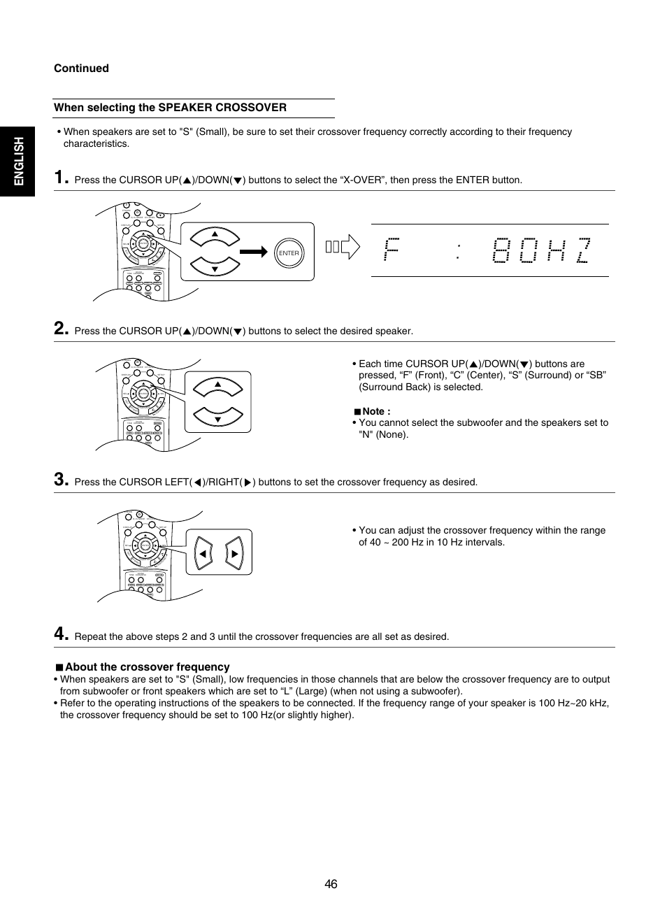 English 46, Continued, When selecting the speaker crossover | About the crossover frequency | Sherwood RD-7502 User Manual | Page 46 / 56