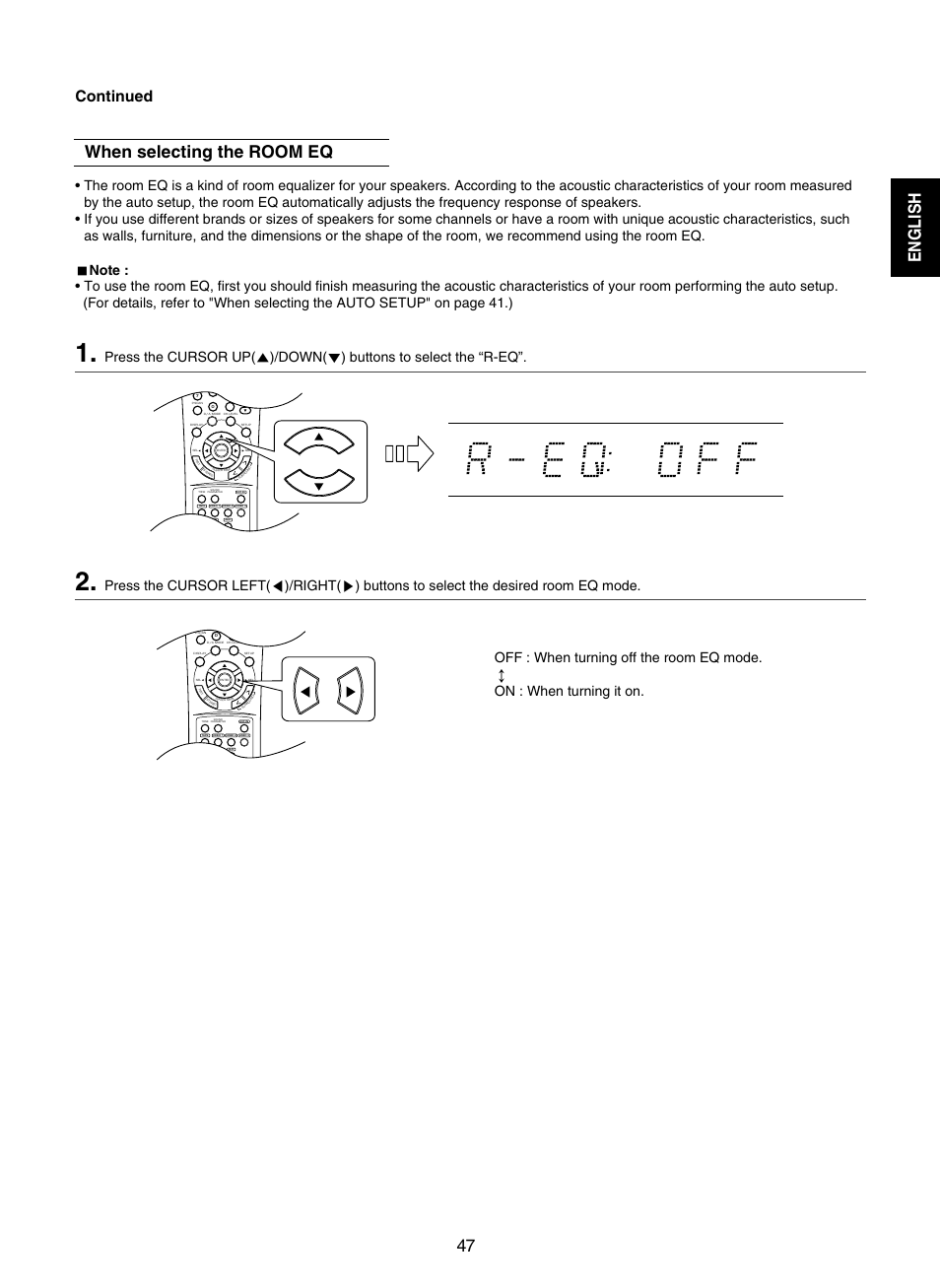 When selecting the room eq, English, Continued | Sherwood RD-7502 User Manual | Page 47 / 56