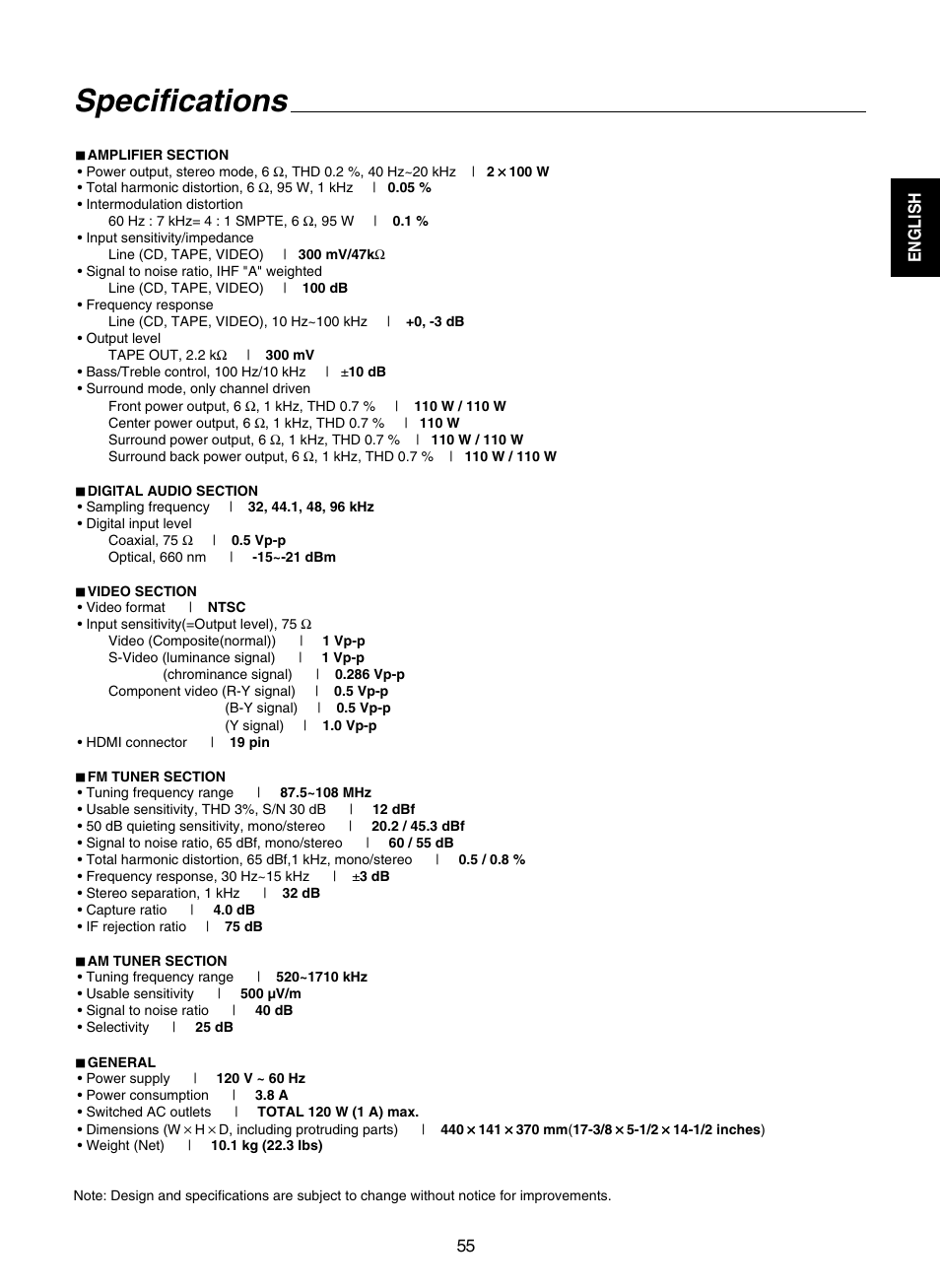 Specifications | Sherwood RD-7502 User Manual | Page 55 / 56