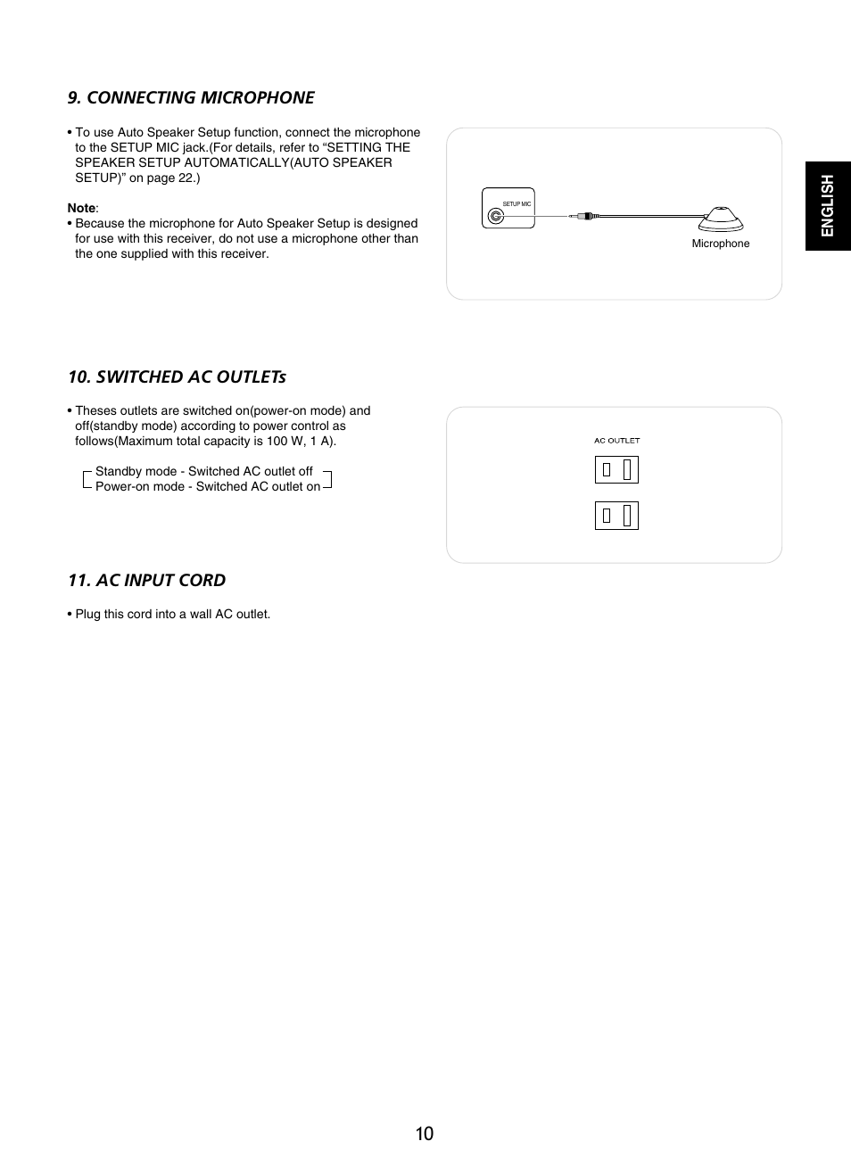 Connecting microphone, Switched ac outlets, Ac input cord | Sherwood RD-8601 User Manual | Page 10 / 58