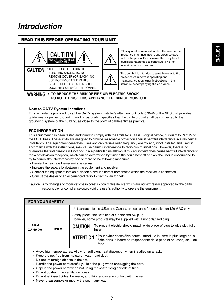 Introduction, Caution warning, Caution attention | Sherwood RD-8601 User Manual | Page 2 / 58