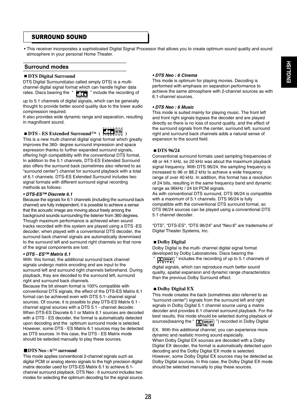 Surround sound | Sherwood RD-8601 User Manual | Page 28 / 58