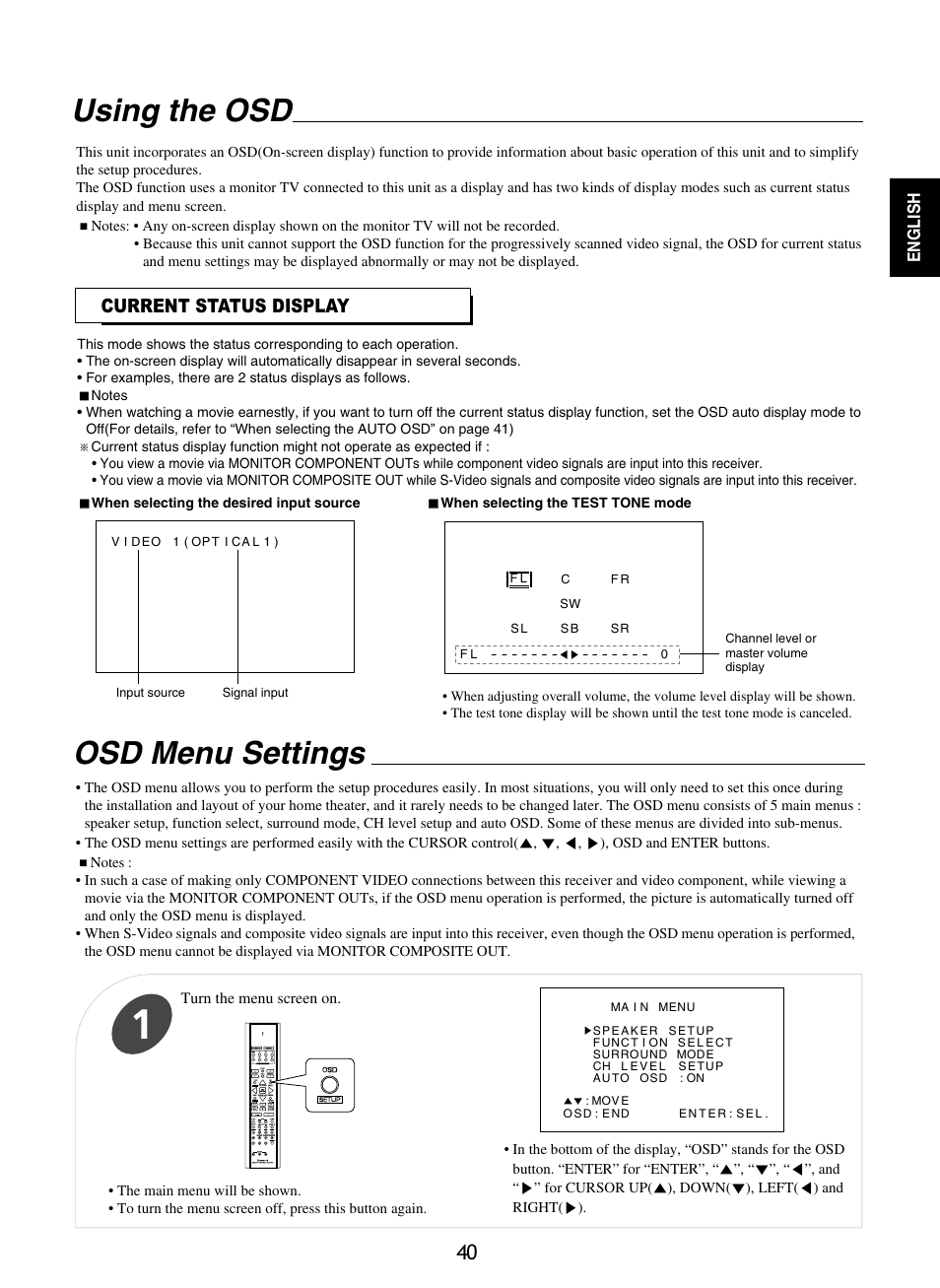 Using the osd, Osd menu settings, Current status display | Sherwood RD-8601 User Manual | Page 40 / 58