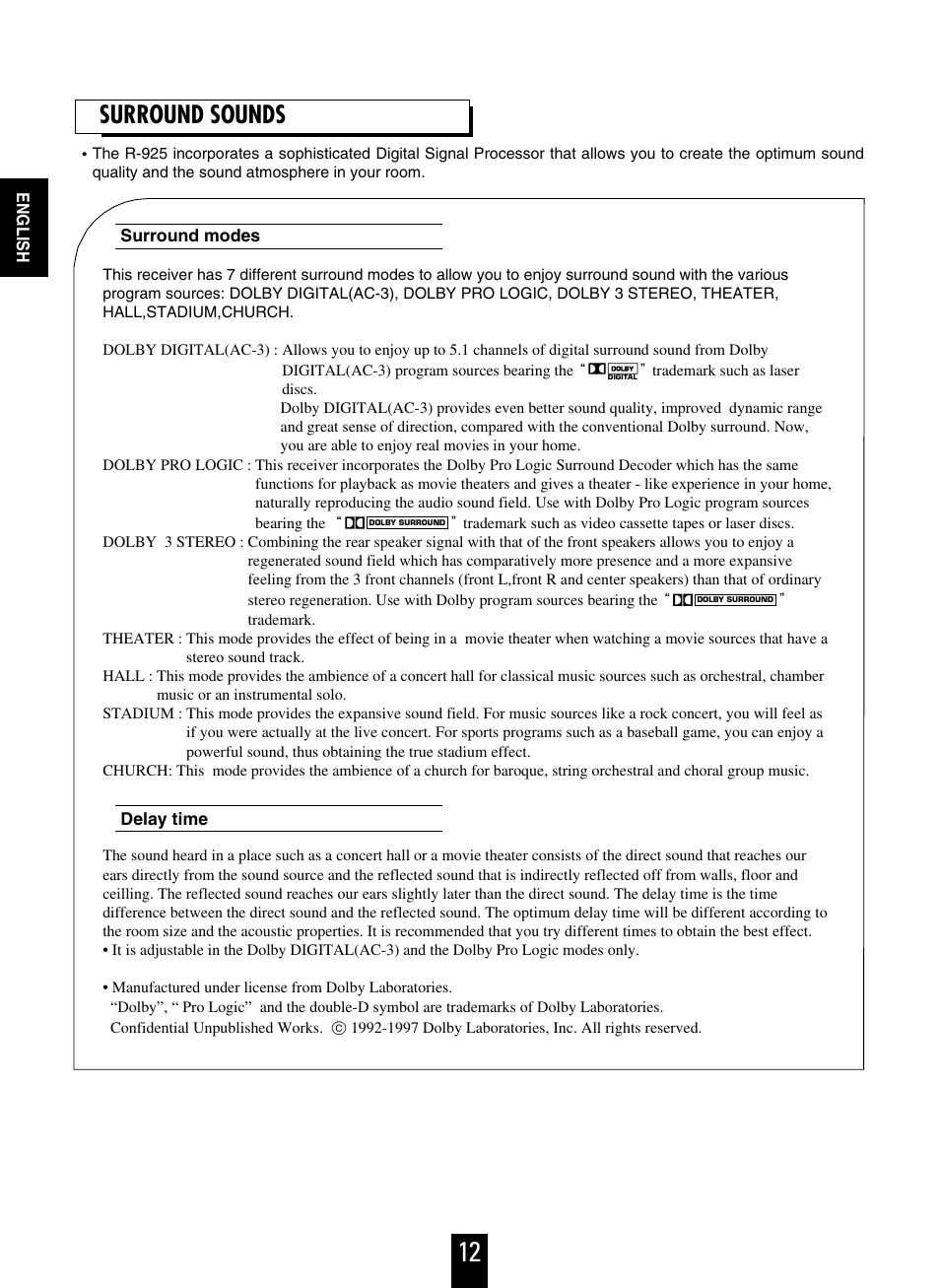 Surround sounds | Sherwood R-925 User Manual | Page 12 / 25