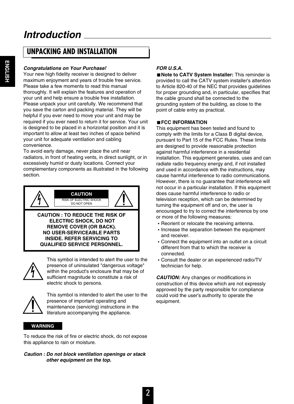 Introduction, Unpacking and installation | Sherwood R-925 User Manual | Page 2 / 25