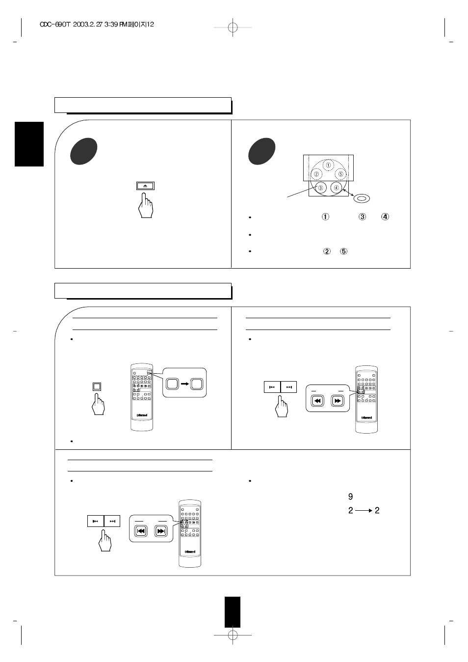 Skip and search play, English, Selecting a disc | Open the disc tray, Change the desired discs, 1/all repeat a<->b, Prog/rev. del/rev, Remote control unit rm-cdc80 | Sherwood NEWCASTLE CDC-690T User Manual | Page 12 / 26
