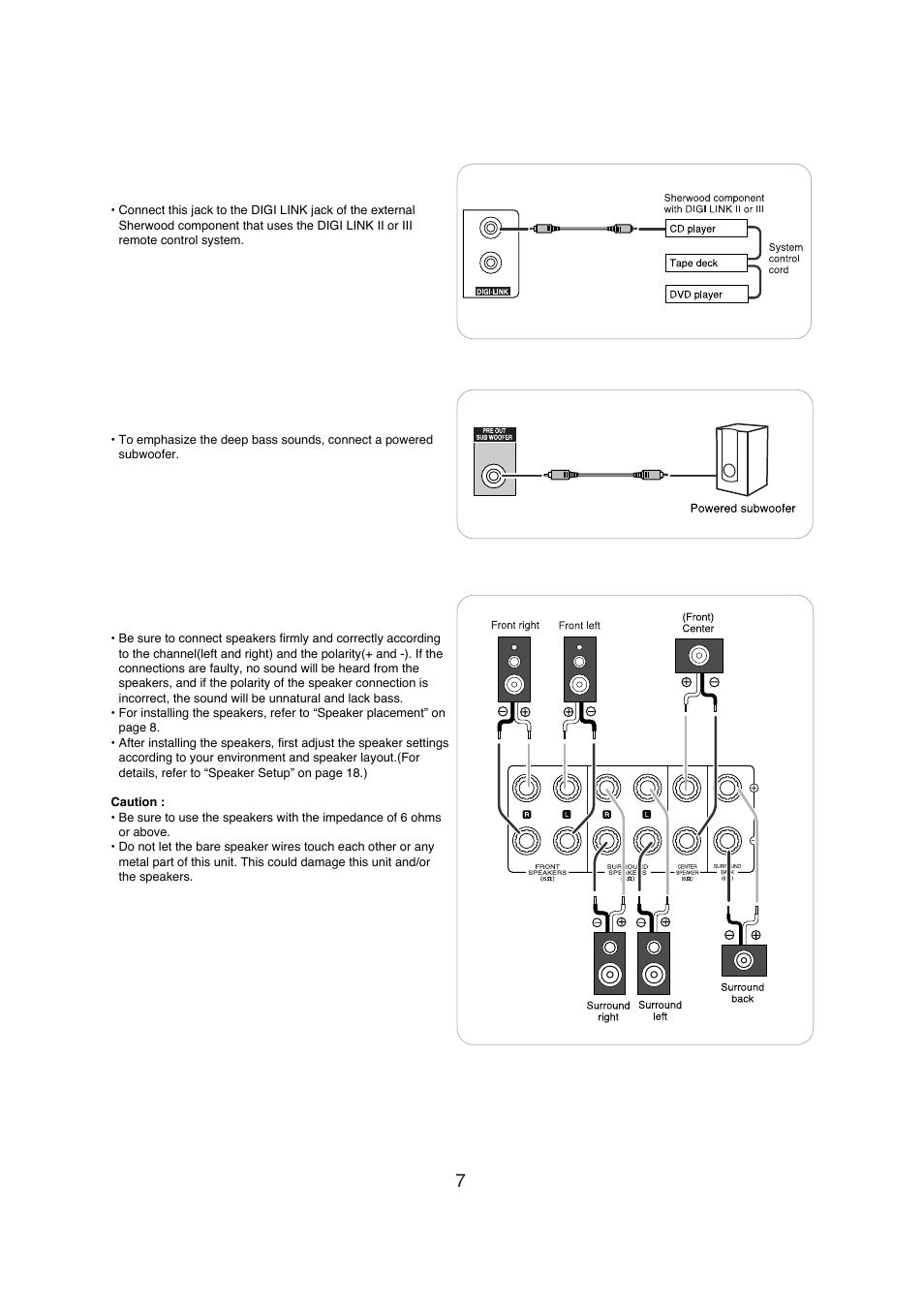Connecting system control, Subwoofer preout connection, Connecting speakers | Sherwood R-671 User Manual | Page 8 / 58