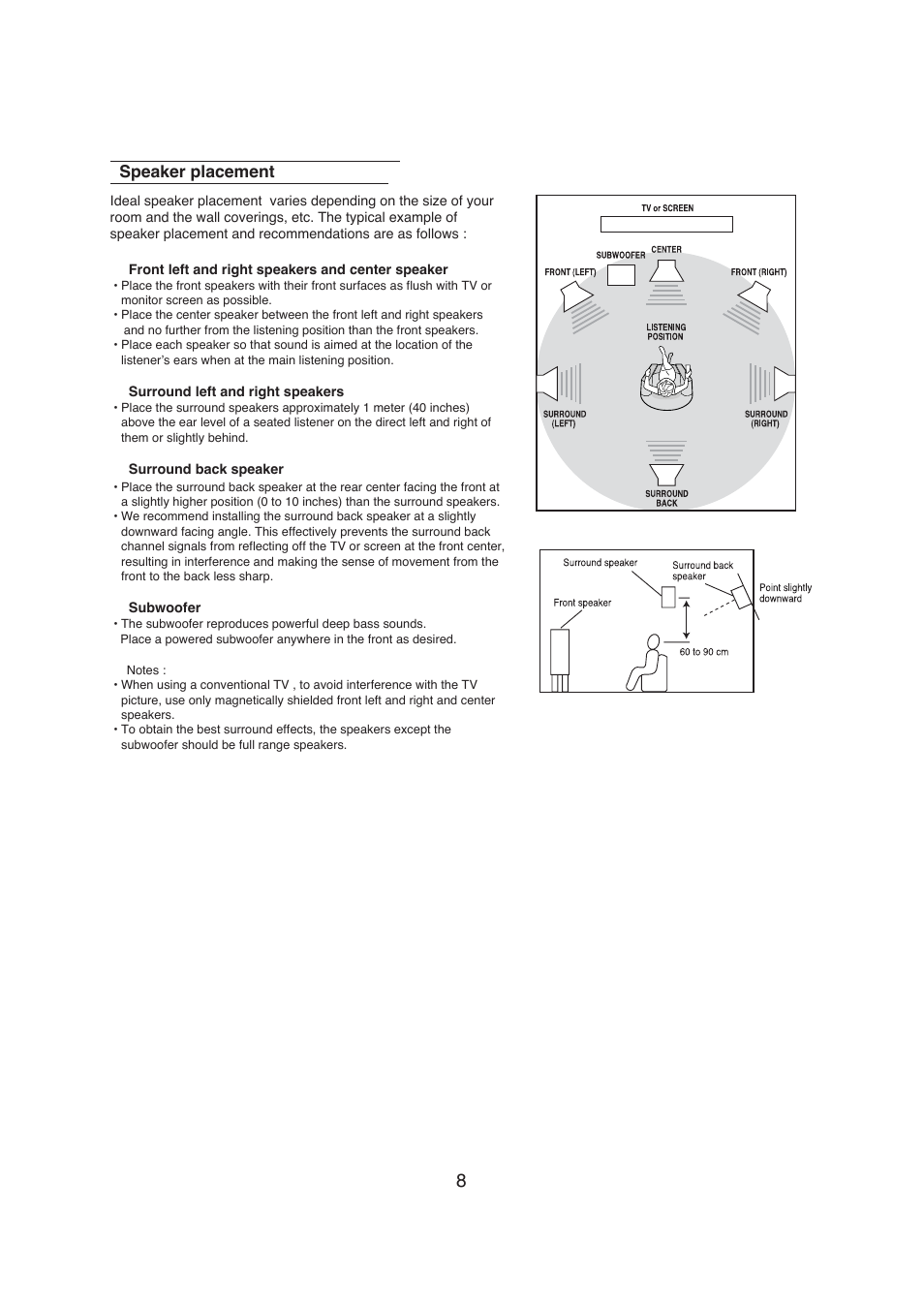 Speaker placement | Sherwood R-671 User Manual | Page 9 / 58