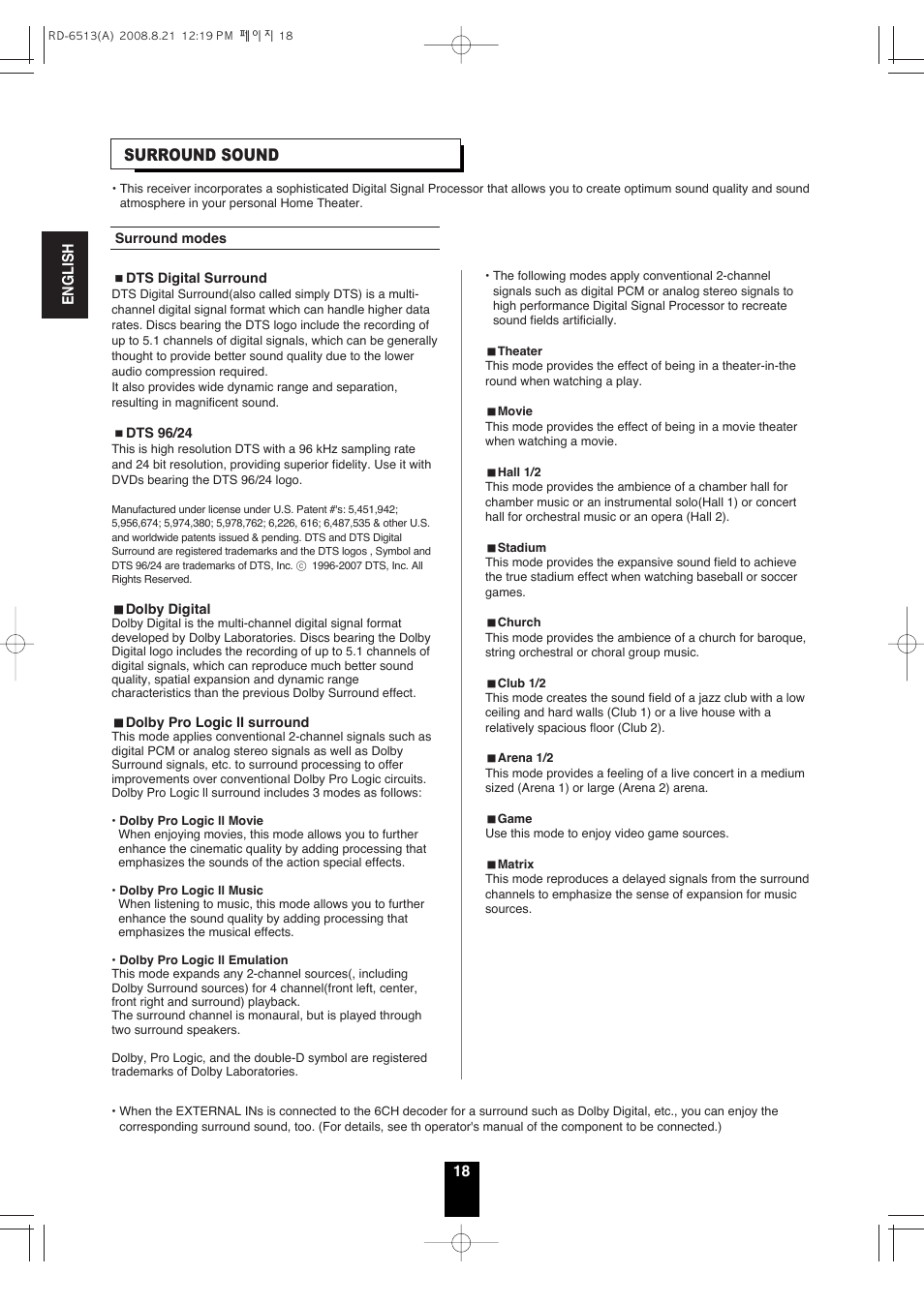 Surround sound, English 18 | Sherwood RD-6513 User Manual | Page 17 / 44