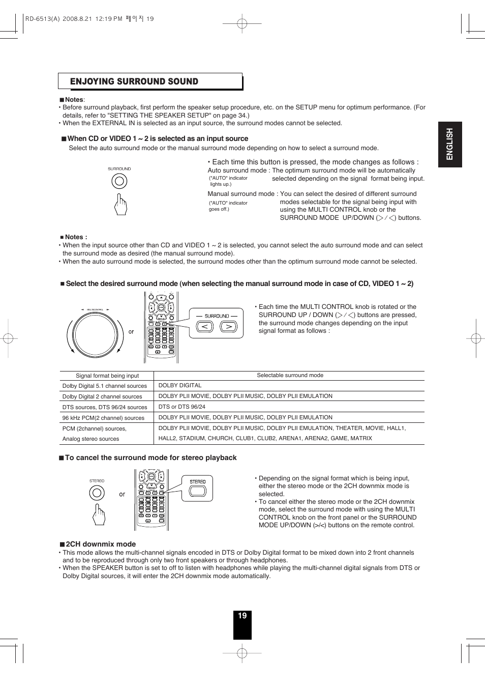 Enjoying surround sound, English 19 | Sherwood RD-6513 User Manual | Page 18 / 44