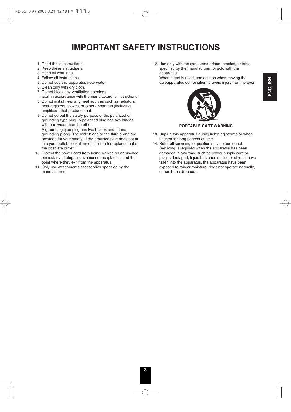 Important safety instructions | Sherwood RD-6513 User Manual | Page 2 / 44