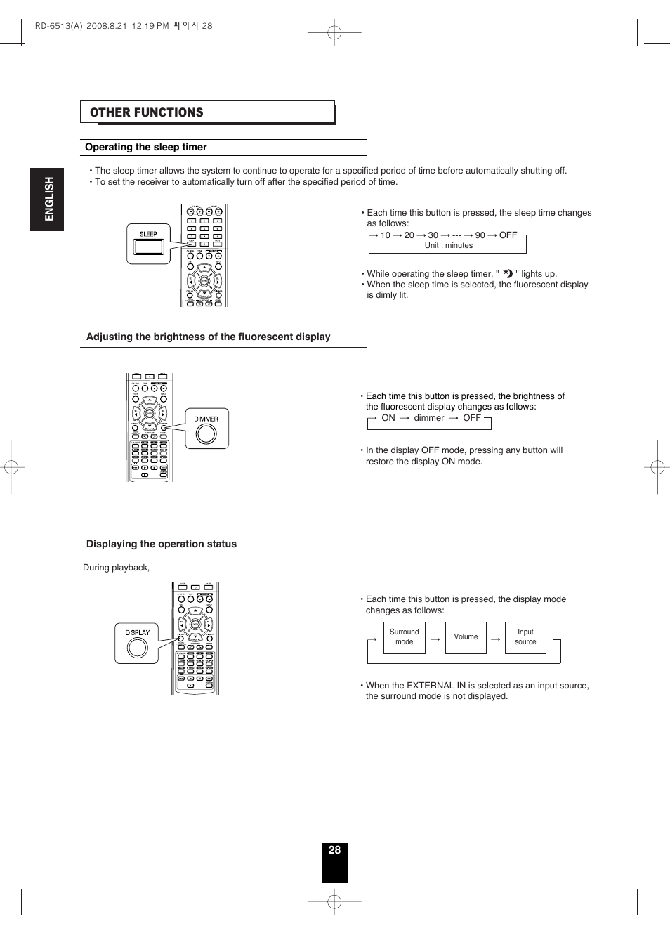 Other functions, English 28 | Sherwood RD-6513 User Manual | Page 27 / 44