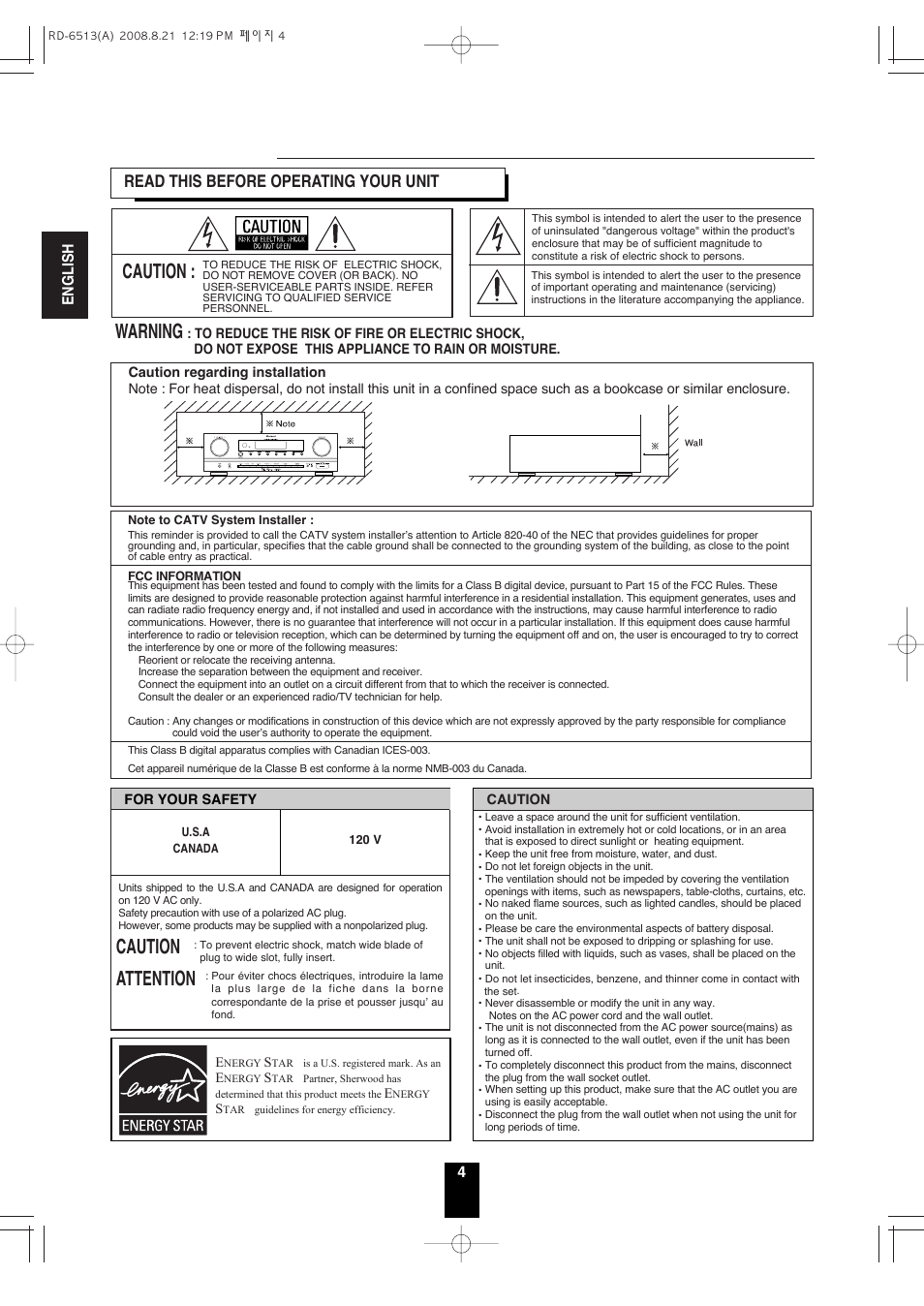 Introduction, Caution : warning, Caution attention | Read this before operating your unit | Sherwood RD-6513 User Manual | Page 3 / 44