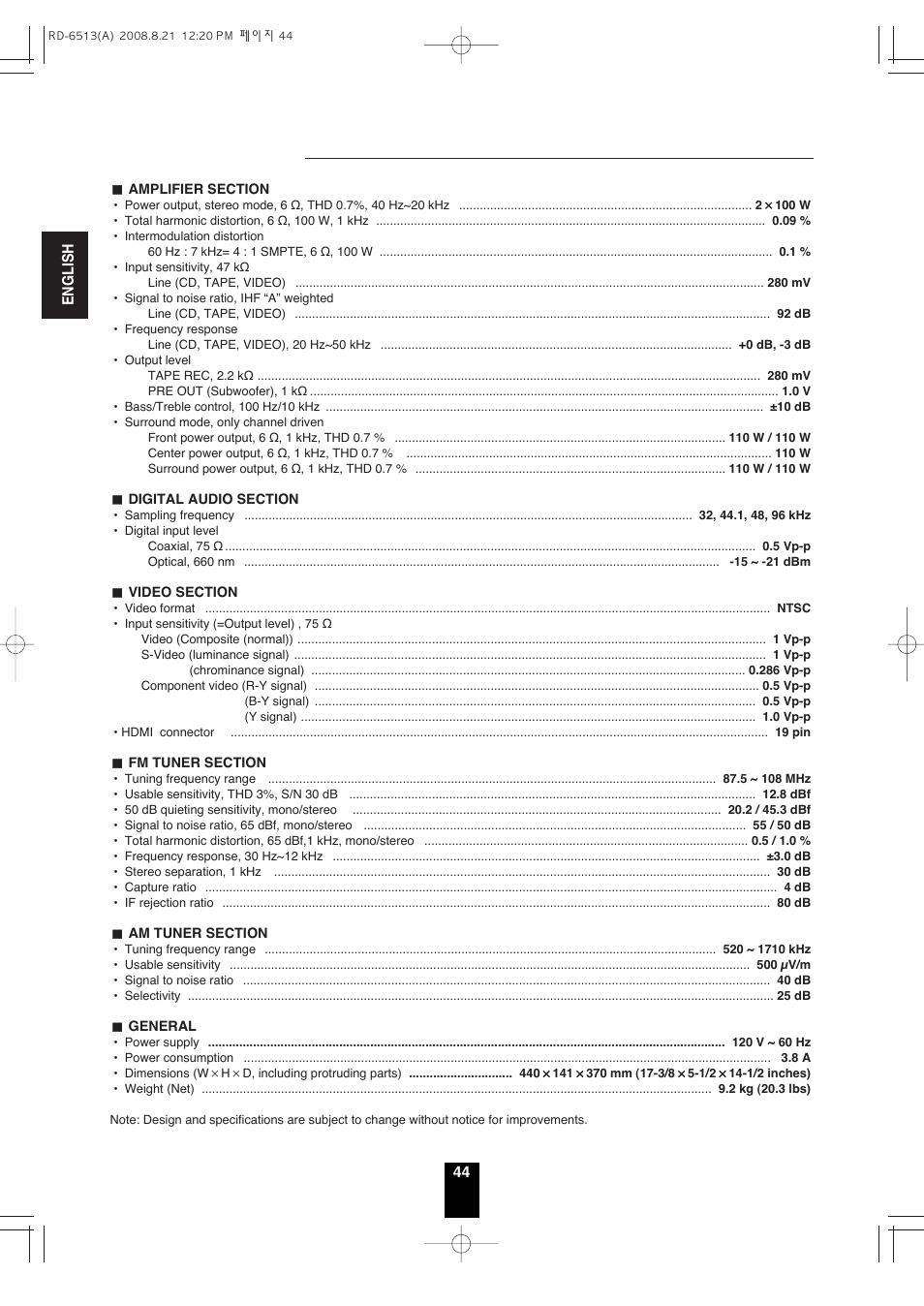 Specifications | Sherwood RD-6513 User Manual | Page 43 / 44