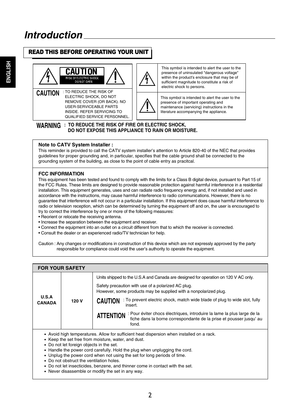 Introduction, Caution warning, Caution attention | Sherwood P-965 User Manual | Page 2 / 68
