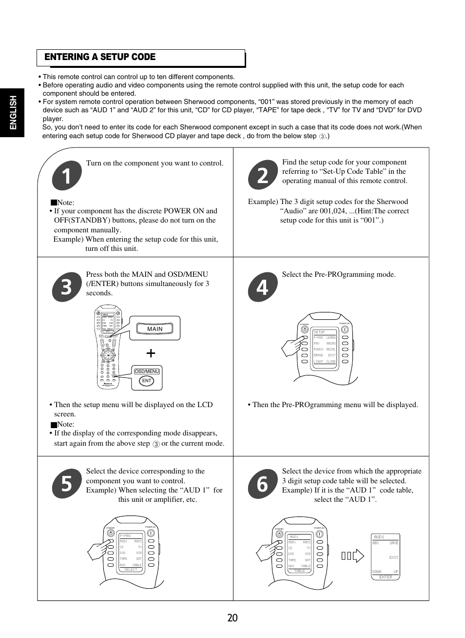 Entering a setup code, English, Turn on the component you want to control | Select the pre-programming mode | Sherwood P-965 User Manual | Page 20 / 68