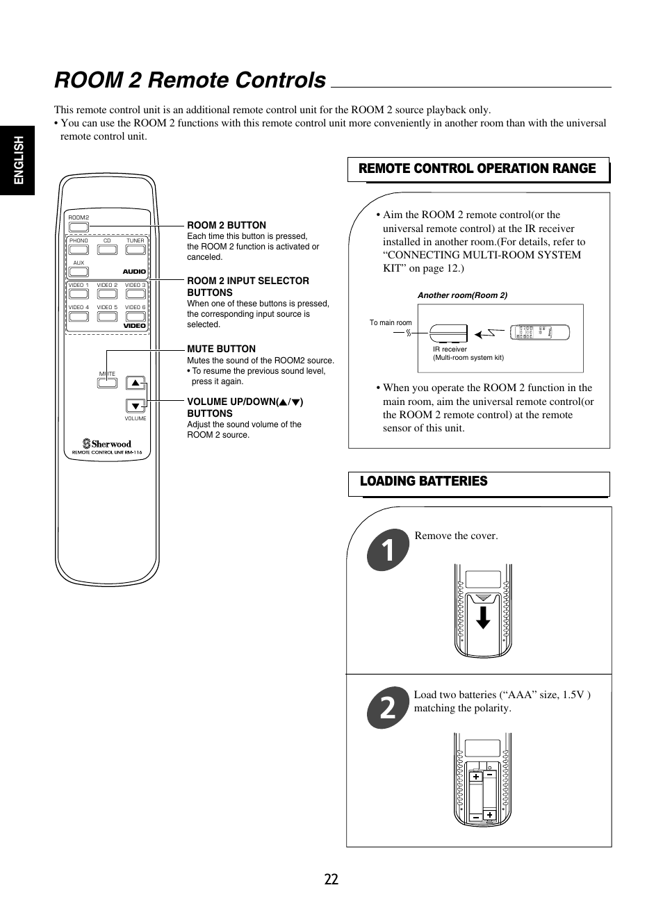 Room 2 remote controls, Loading batteries, Remote control operation range | Sherwood P-965 User Manual | Page 22 / 68
