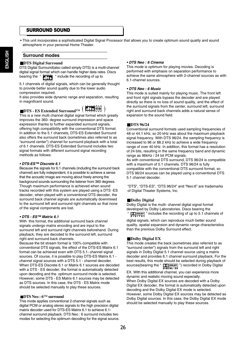 Surround sound | Sherwood P-965 User Manual | Page 26 / 68