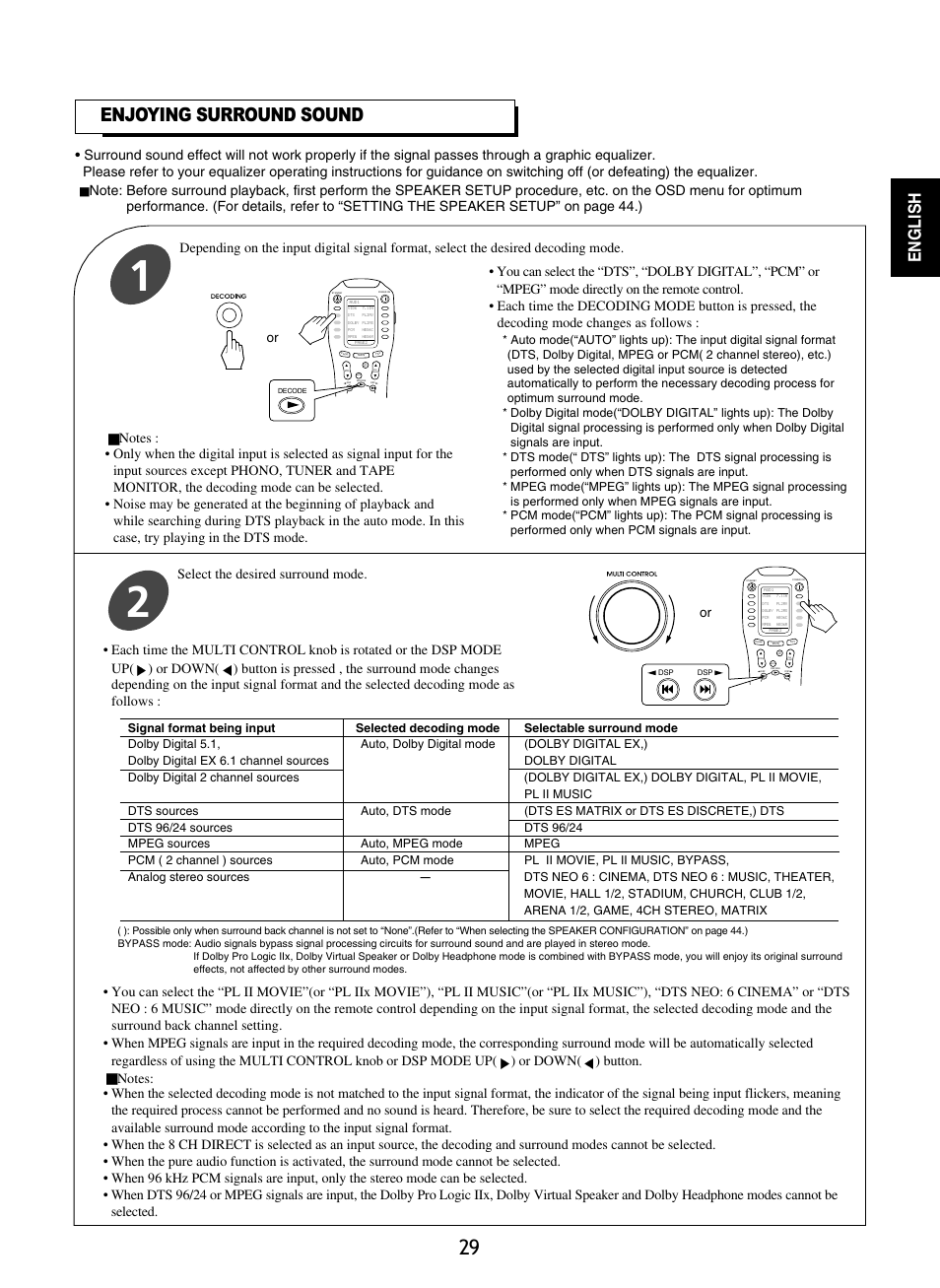 Enjoying surround sound, English, Select the desired surround mode | Sherwood P-965 User Manual | Page 29 / 68