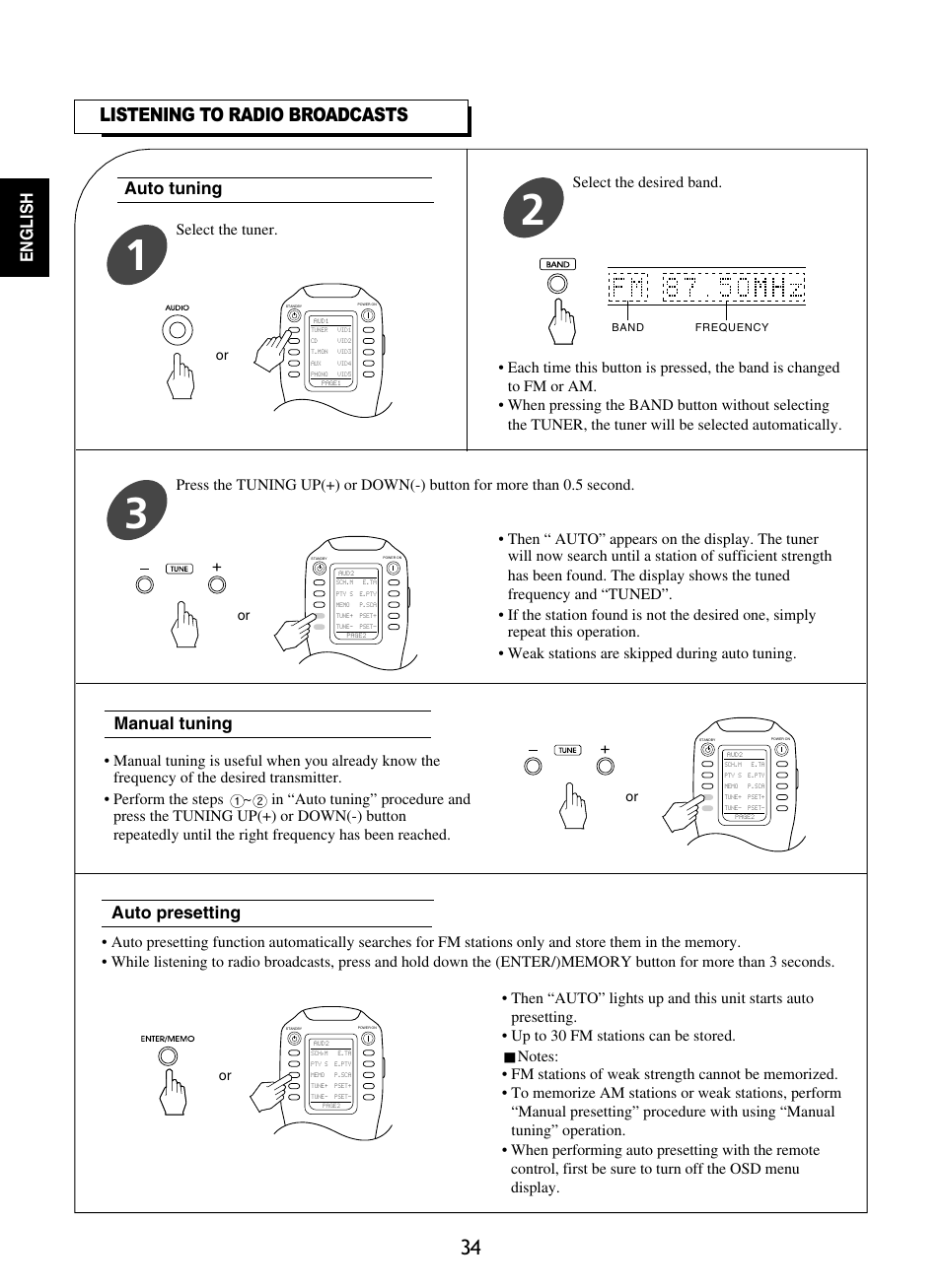 Listening to radio broadcasts, English, Auto tuning | Auto presetting, Manual tuning, Select the desired band | Sherwood P-965 User Manual | Page 34 / 68