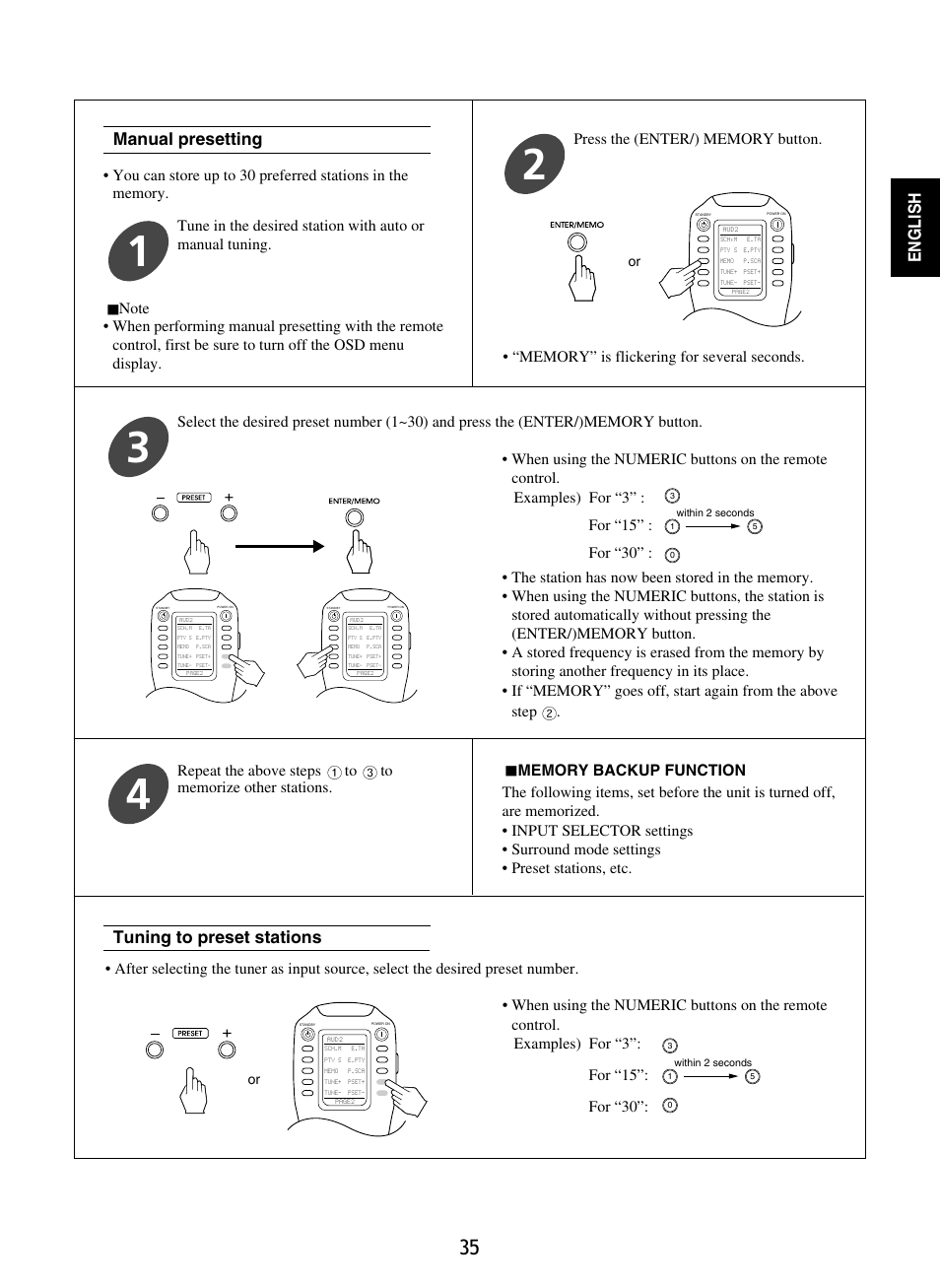 English, Tuning to preset stations, Manual presetting | Sherwood P-965 User Manual | Page 35 / 68