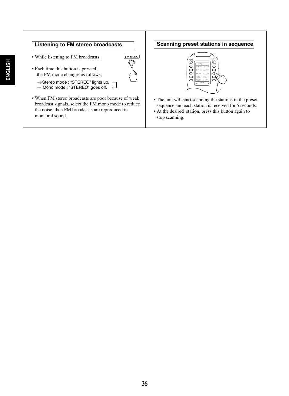 Scanning preset stations in sequence, Listening to fm stereo broadcasts, English | Sherwood P-965 User Manual | Page 36 / 68